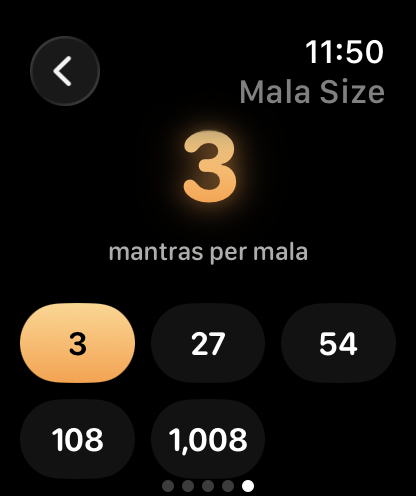 JapaTap mala size selection screen